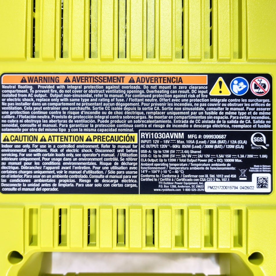 Inversor de potencia automotriz Ryobi ONE+ 18V 1000 vatios máximo 12 voltios (RYi1030A)- - Image 4