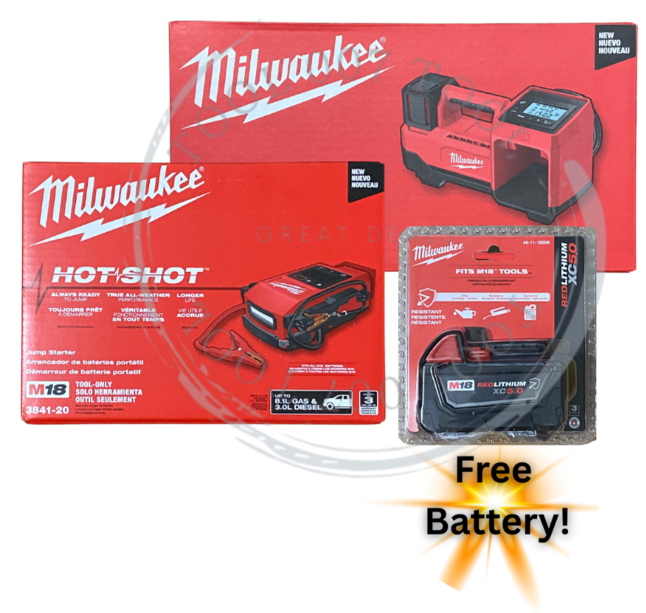 Inflador de neumáticos Milwaukee 2848-20 3841-20 M18 y disparo caliente con 1 batería gratis-
