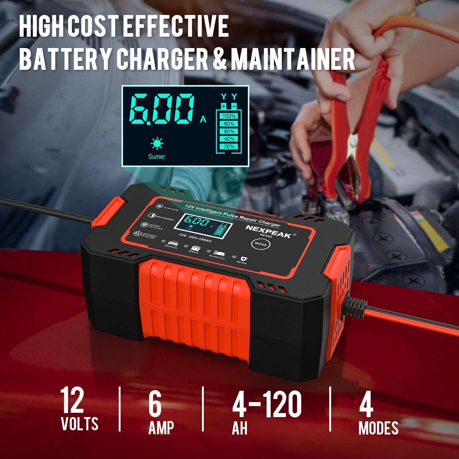 Cargador de Batería de Coche, Cargador de Batería Inteligente 12V 6A Batería Automotriz 12V- - Image 2