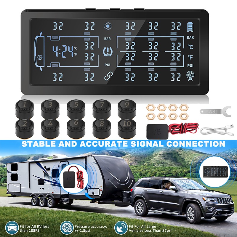 Sistema de Monitoreo de Presión de Neumáticos Solar TPMS 7′′ LCD 4/6/8/10 Modo Monitor de Ruedas-