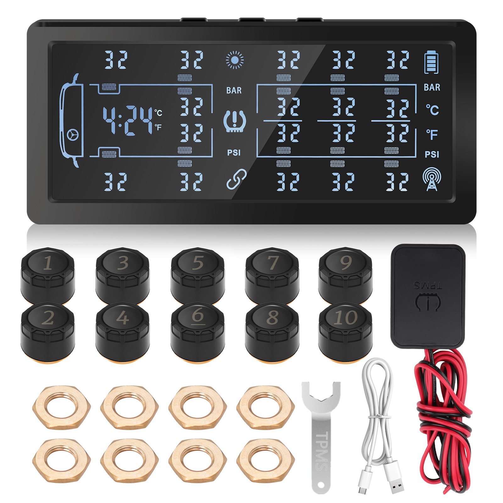 Sistema de Monitoreo de Presión de Neumáticos Solar TPMS 7′′ LCD 4/6/8/10 Modo Monitor de Ruedas- - Image 2