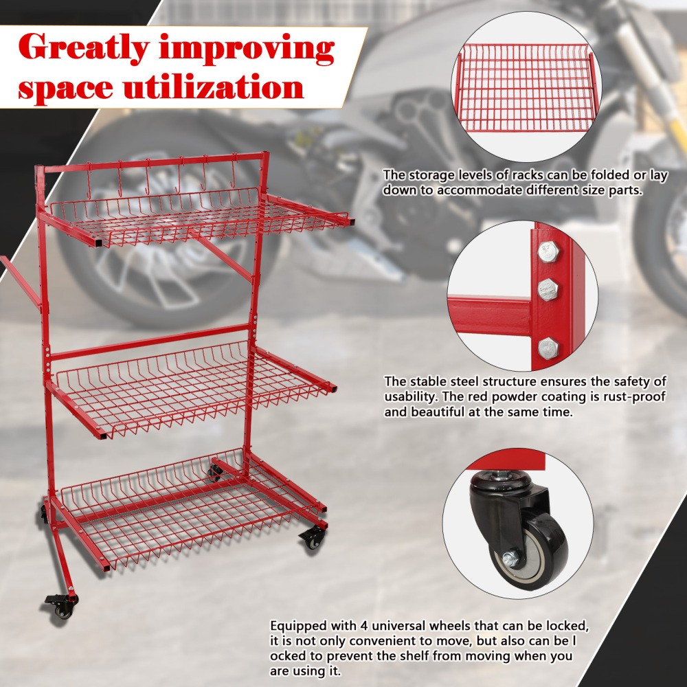3 Layer Auto Parts Storage Rack Mobile Car Storage Rack With Wheels Steel Red - Image 3