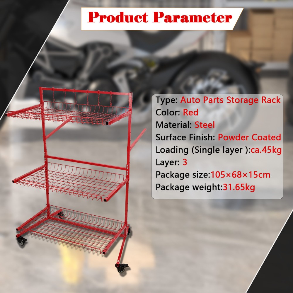 3 Layer Auto Parts Storage Rack Mobile Car Storage Rack With Wheels Steel Red - Image 4