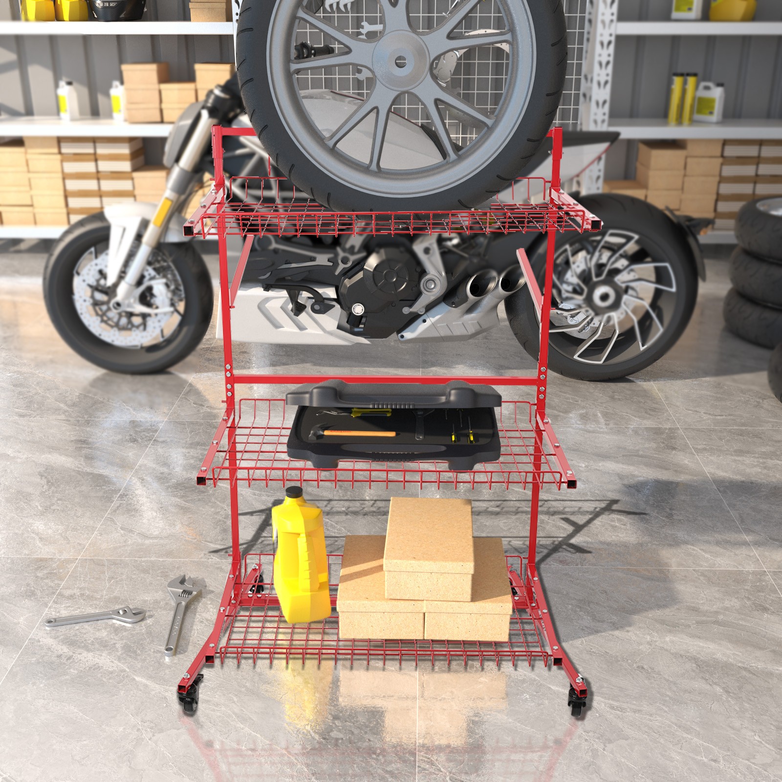 3 Layer Auto Parts Storage Rack Mobile Car Storage Rack Steel With Wheels - Image 3