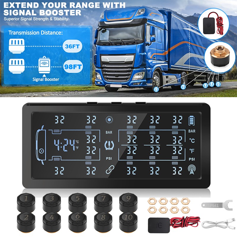 Sistema Solar de Monitoreo de Presión de Neumáticos TPMS 188PSI + Modo Monitor de Ruedas 4/6/8/10-