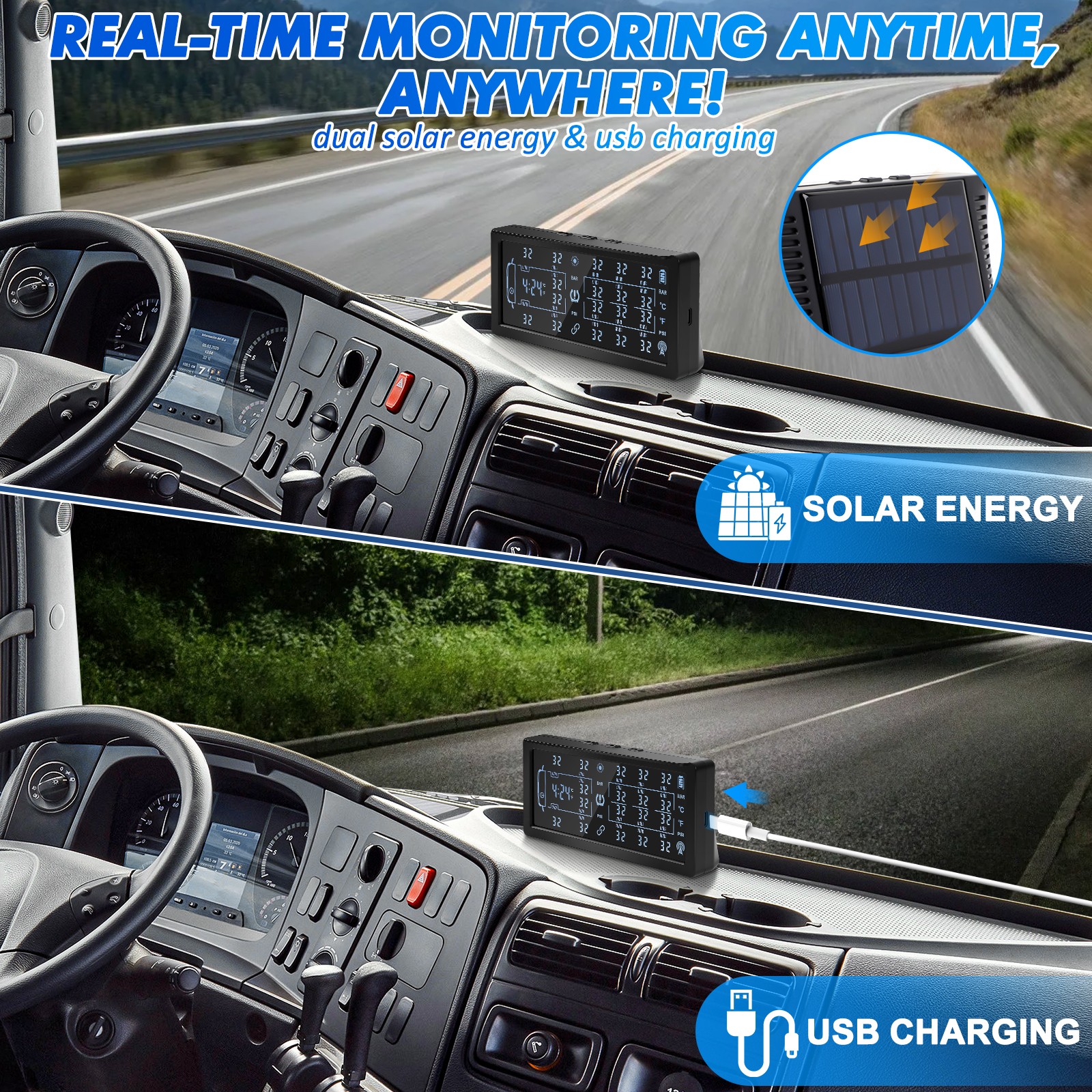 Sistema Solar de Monitoreo de Presión de Neumáticos TPMS 188PSI + Modo Monitor de Ruedas 4/6/8/10- - Image 3