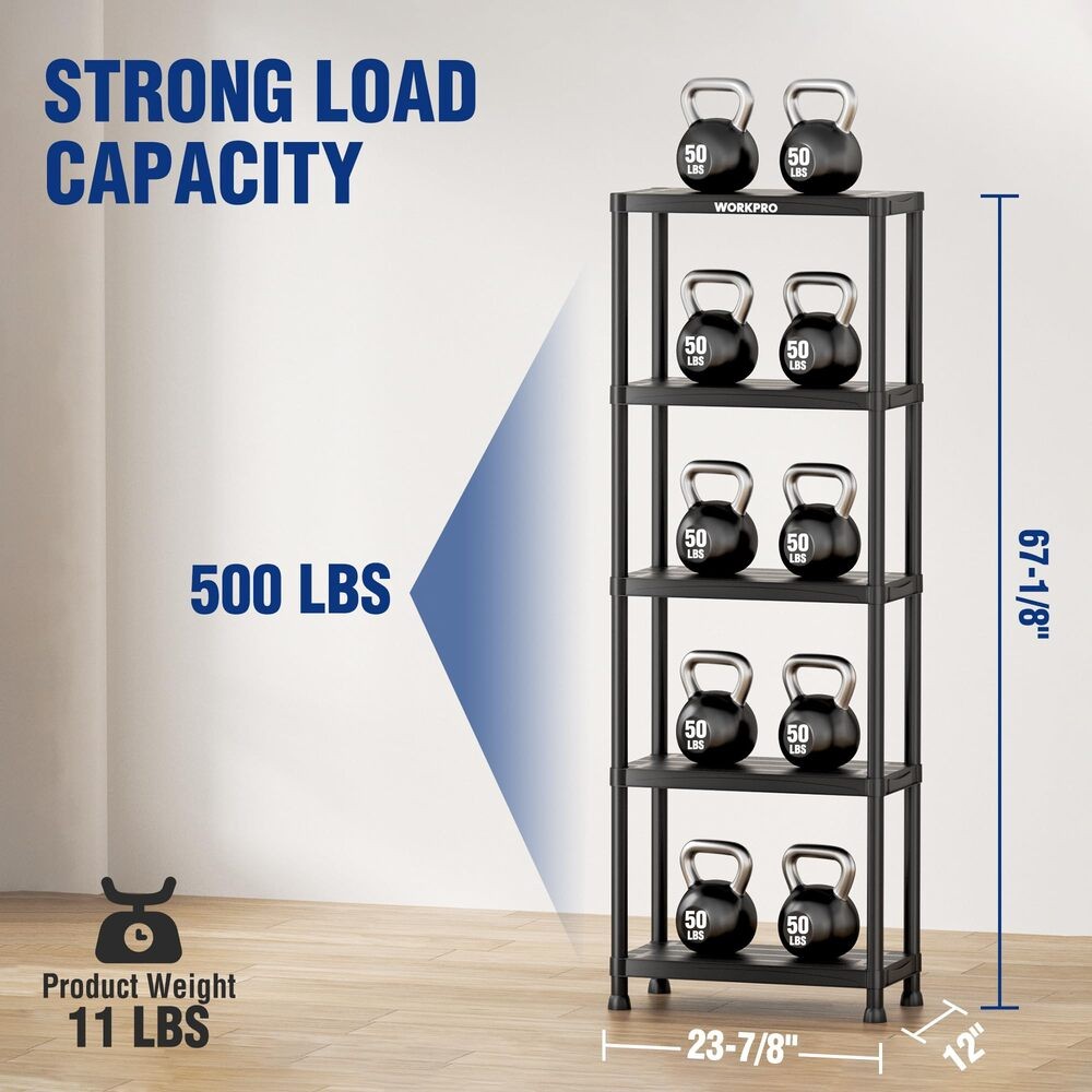 WORKPRO 5-Tier Plastic Storage Shelves 500lb Capacity Shelving Unit for Garage - Image 3