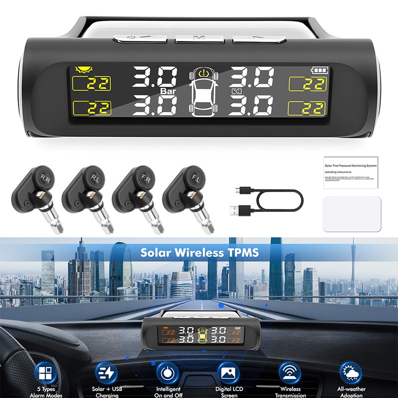 Sistema de presión de monitoreo de neumáticos de energía solar LCD TPMS para automóvil con 4 sensores internos-