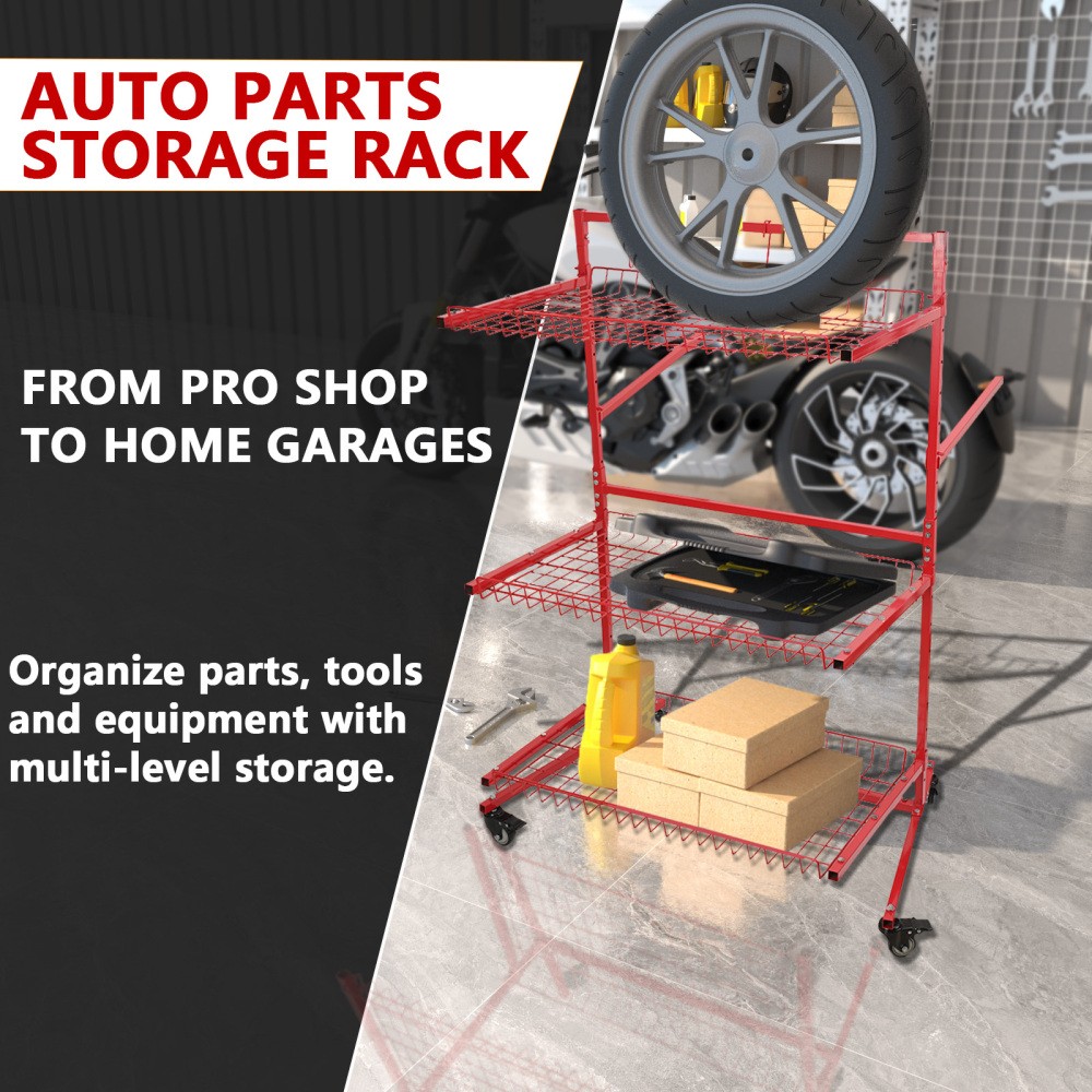 3 Layer Auto Parts Storage Rack Mobile Car Storage Rack Steel With Wheels - Image 4