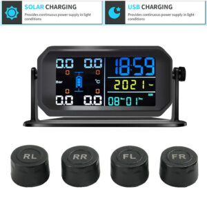 Sistema de Monitor de Alarma de Presión de Neumáticos USB/Solar Coche TPMS con 4 Sensores Externos-
