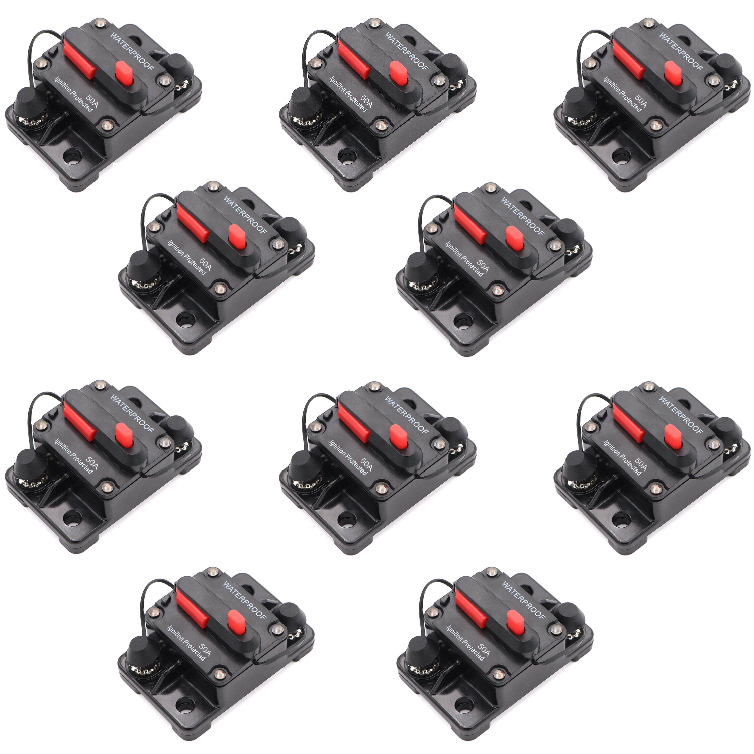 PACK 10 50 Amp Impermeable Disyuntor Coche/Marino/Solar 12-48DC Restablecimiento Manual-
