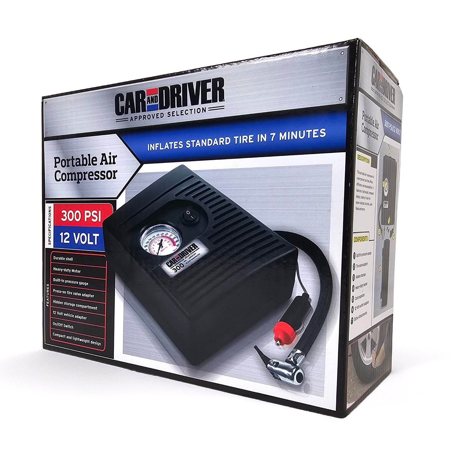 Car & Driver Automotive Tire Inflator Air Compressor 300 PSI 12V Car Outlet NIB