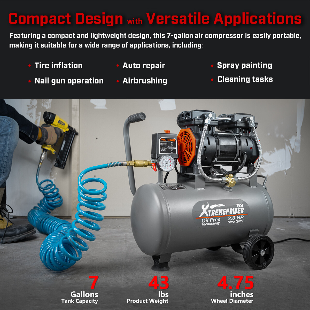 XtremepowerUS 2.0HP Quiet Air Compressor Tank 7 Gallon Oil-Free 4.9CFM 116 PSI - Image 5