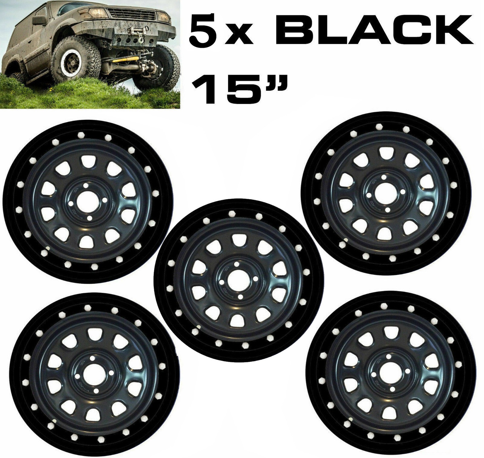 Beadlock Simulador Kit Se Adapta a Llantas 15" 4x4 y Coche Juego de 5 NEGRO Bloqueo de Cubos Tapacubos-