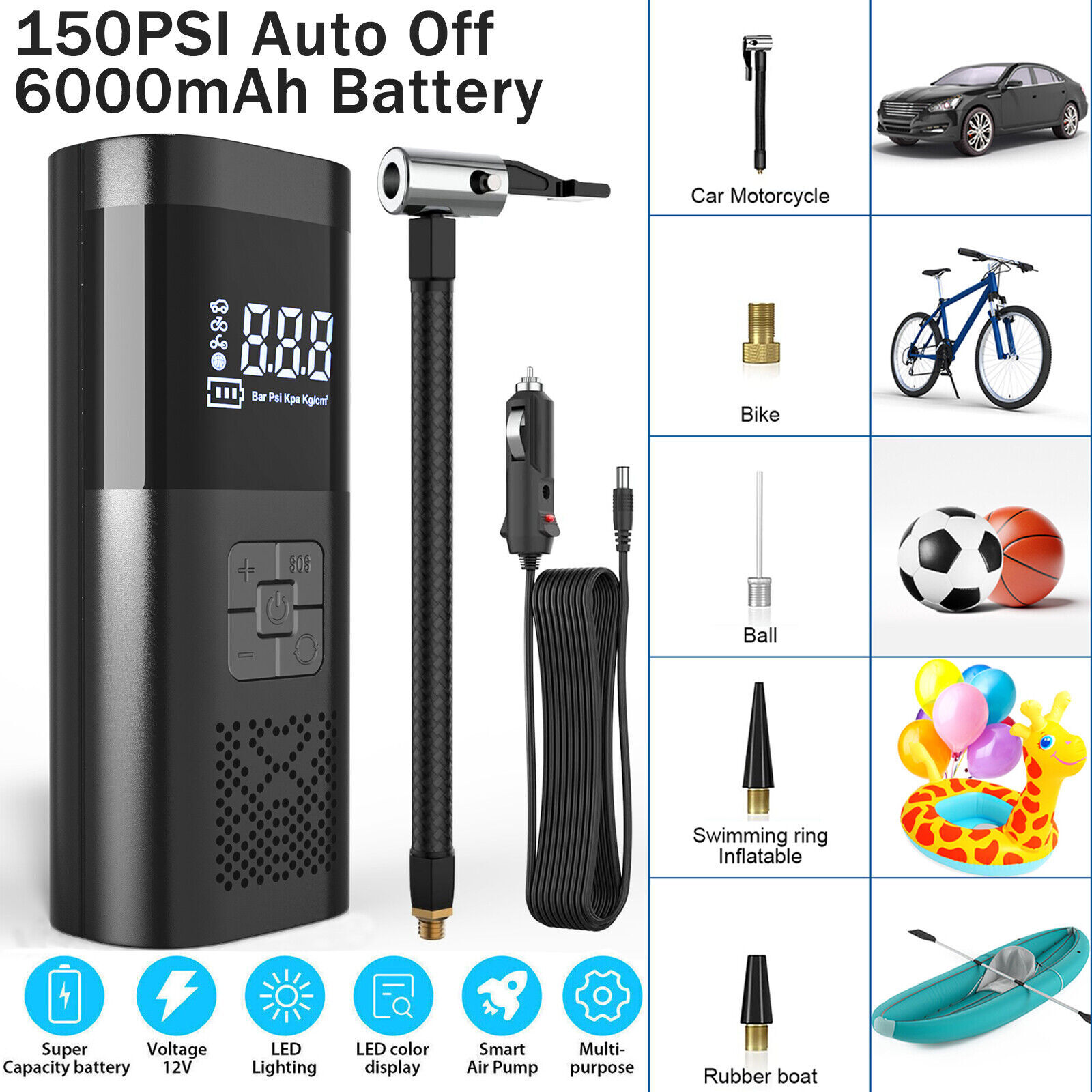 Car Air Tire Pump Inflator Compressor Digital Electric Auto 150PSI 12V 6000mAh - Image 2