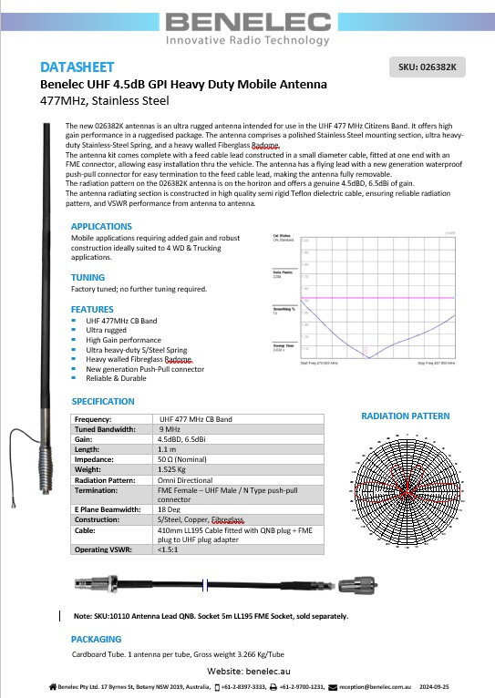 Benelec UHF 4.5dB GPI Heavy Duty Mobile Antenna 477MHz, Stainless Steel - Image 2