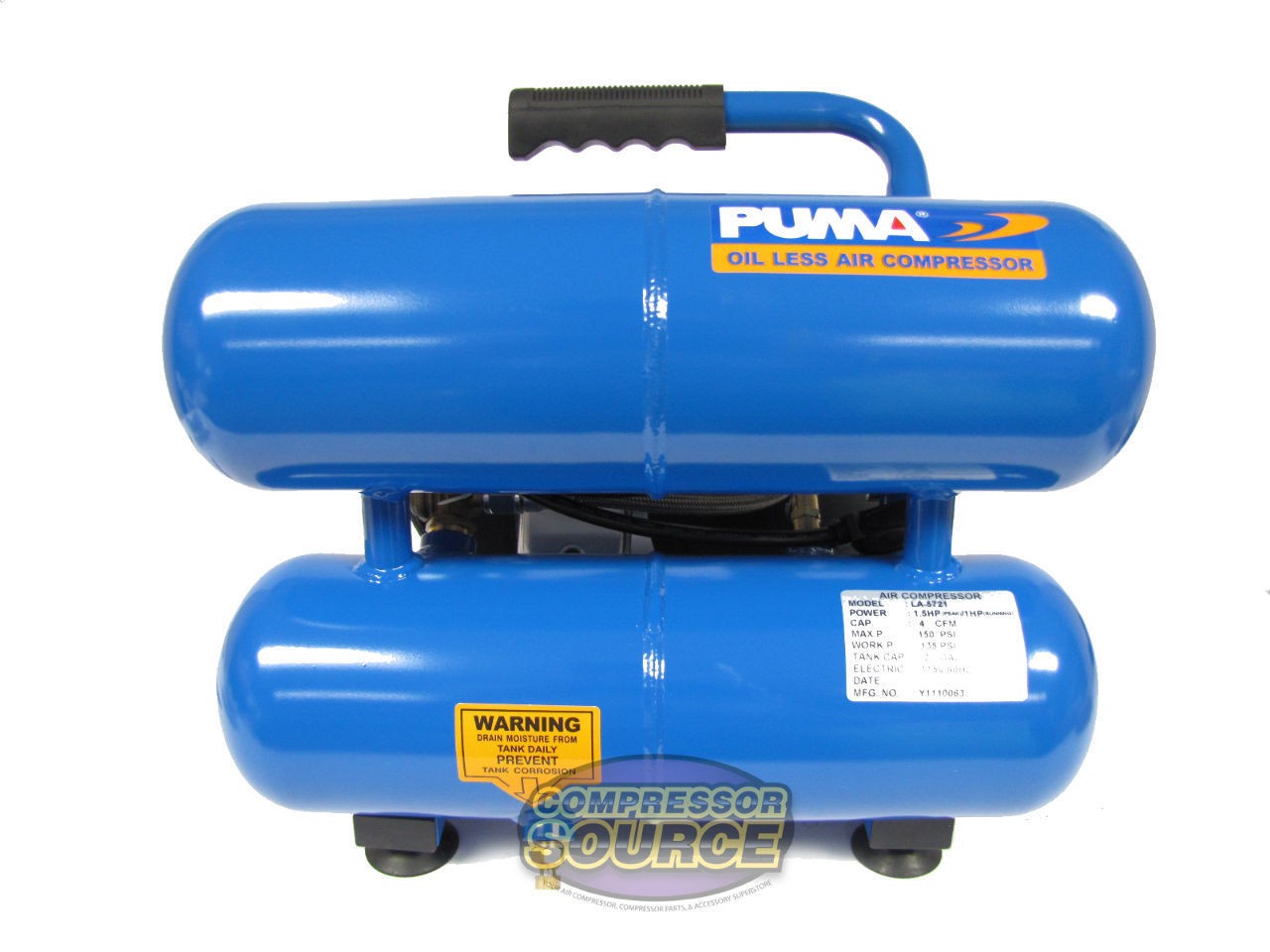 Puma LA-5721 Portable Air Compressor 110V Dual Tank 1.5HP Oil less Direct Drive - Image 3
