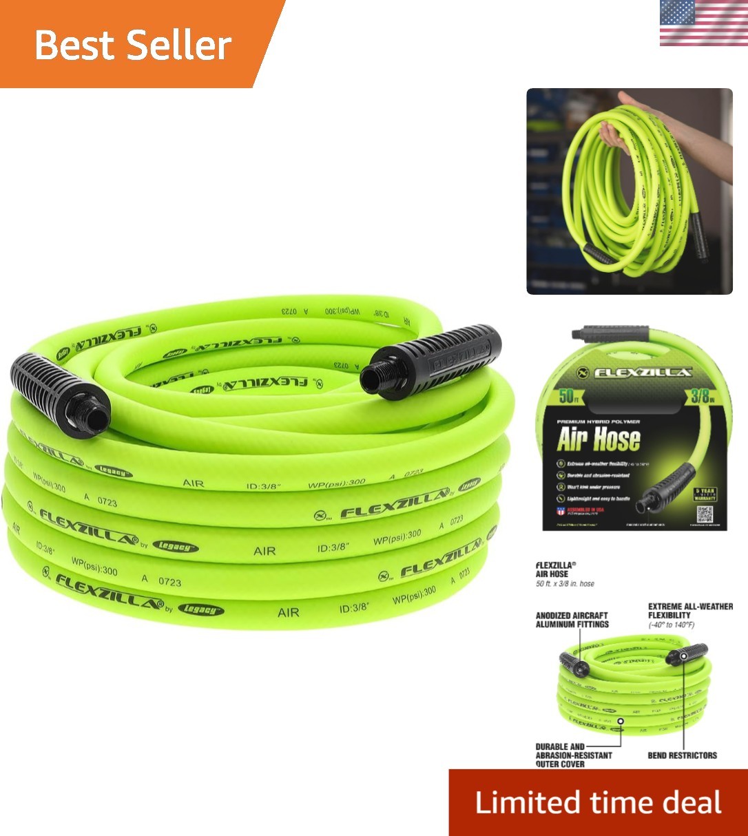 Heavy-Duty Flexzilla Air Hose 3/8" x 50 ft. - Ultimate Durability & Flexibility