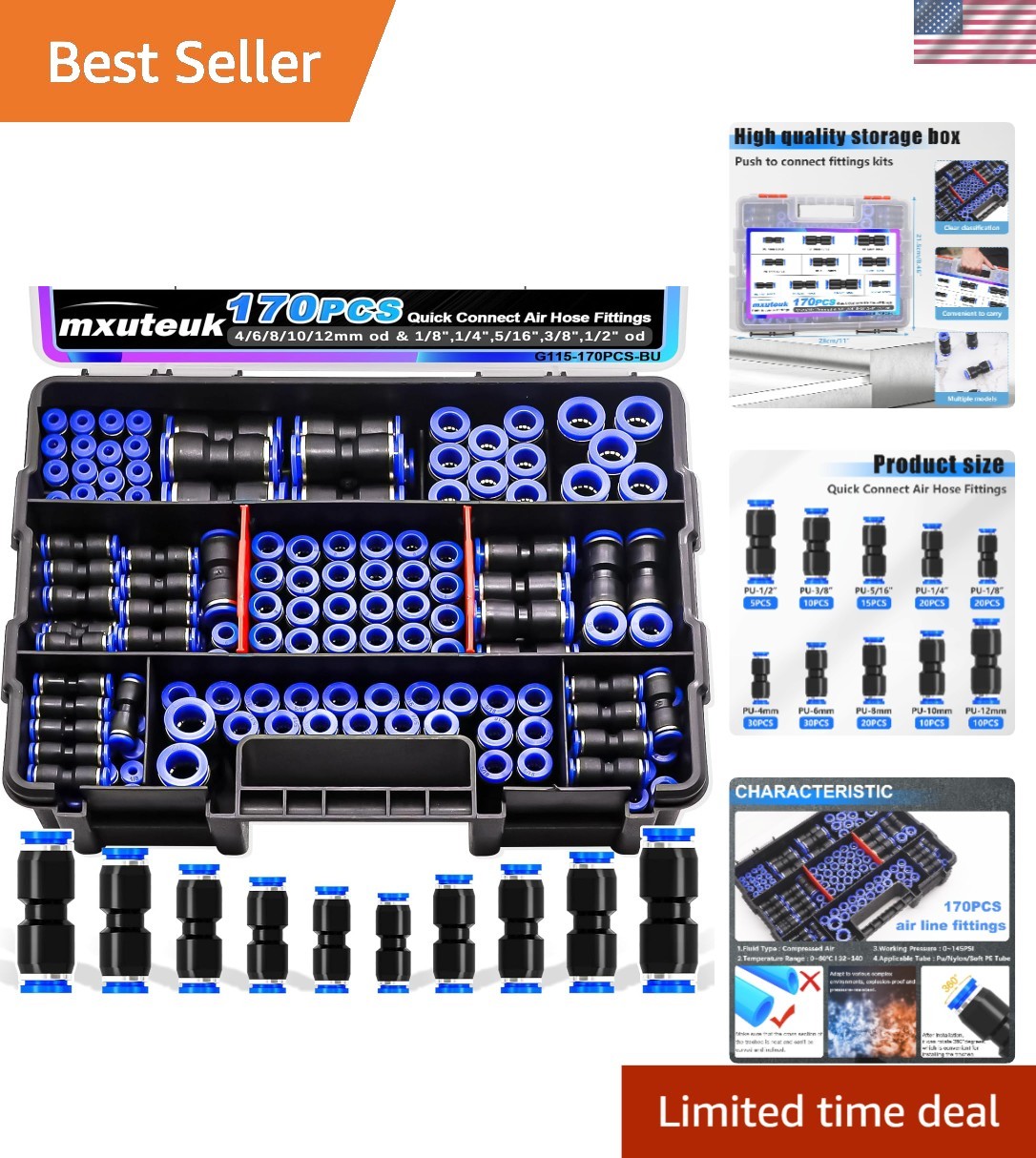 170PC Professional Quick Connect Air Hose Fittings, Versatile Sizes for Any Job