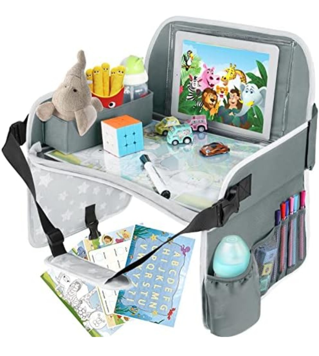 Bandeja de viaje, bandeja de regazo para asiento de coche pequeño, 16,5 x 13,5 pulgadas (gris) -
