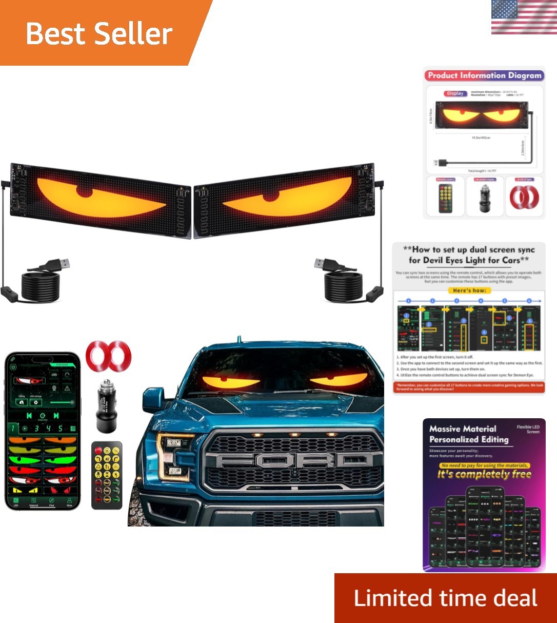 Luces LED dinámicas ojo de diablo para coche - Paquete doble de 19,3"x4,3"-