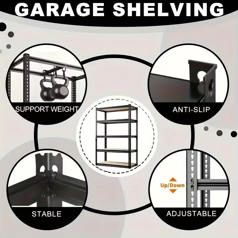 Heavy Duty 5-Tier Garage Shelving 60 Inch Tall Storage Rack 2000lb Adjustable - Image 4