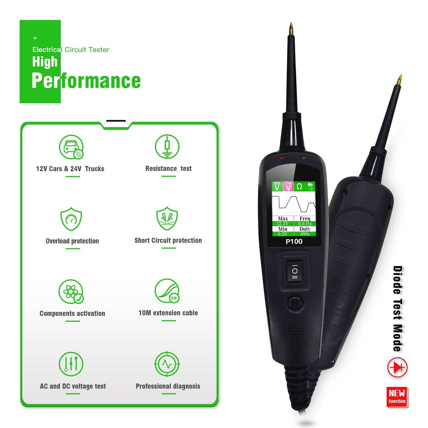 Probador eléctrico automotriz TopDiag P100 12V/24V, voltaje AC/DC (cable de 2 metros)-