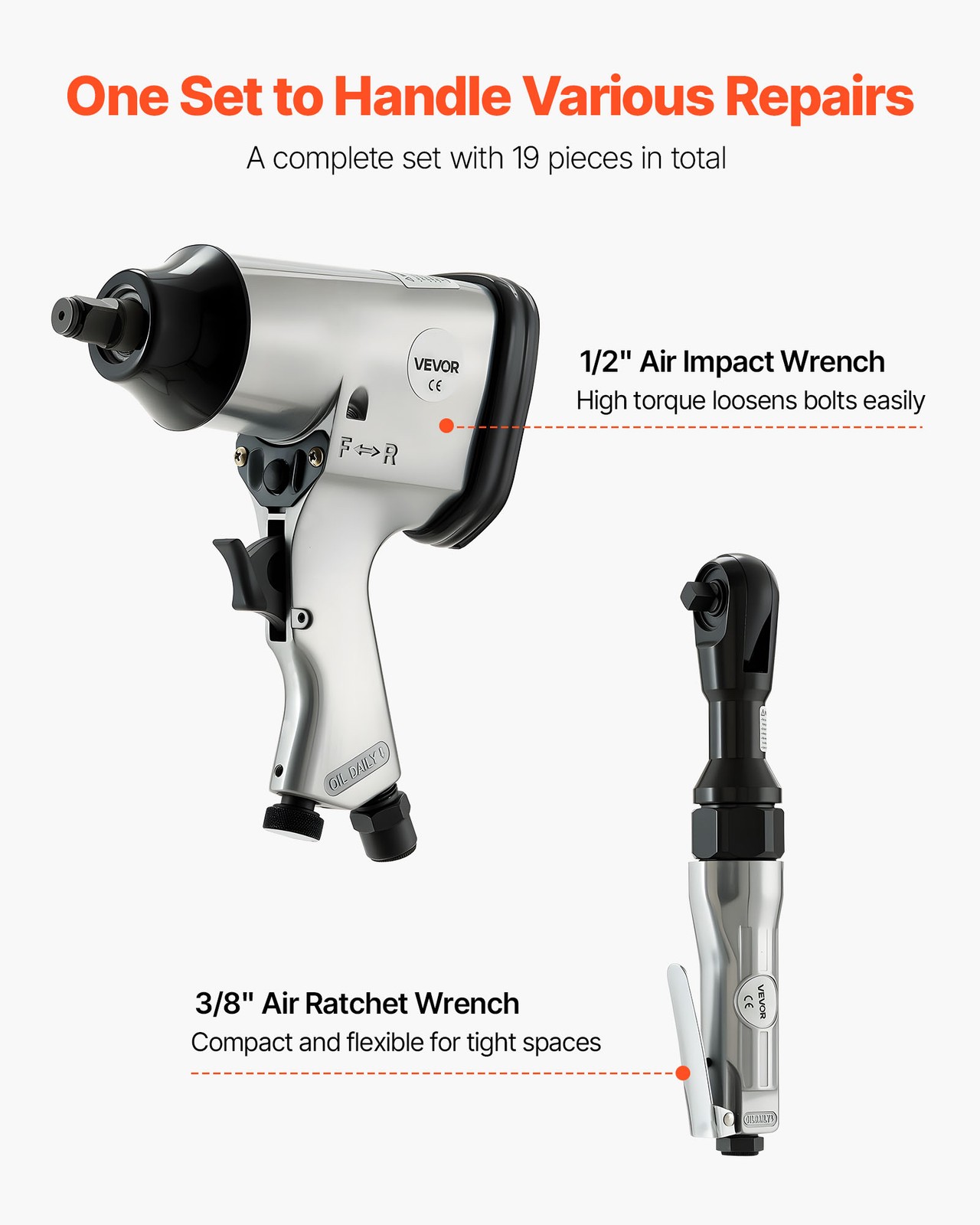 VEVOR 19PCS Pro Air Tool Accessories Kit 1/2" Air Impact & 3/8" Ratchet Wrench - Image 2