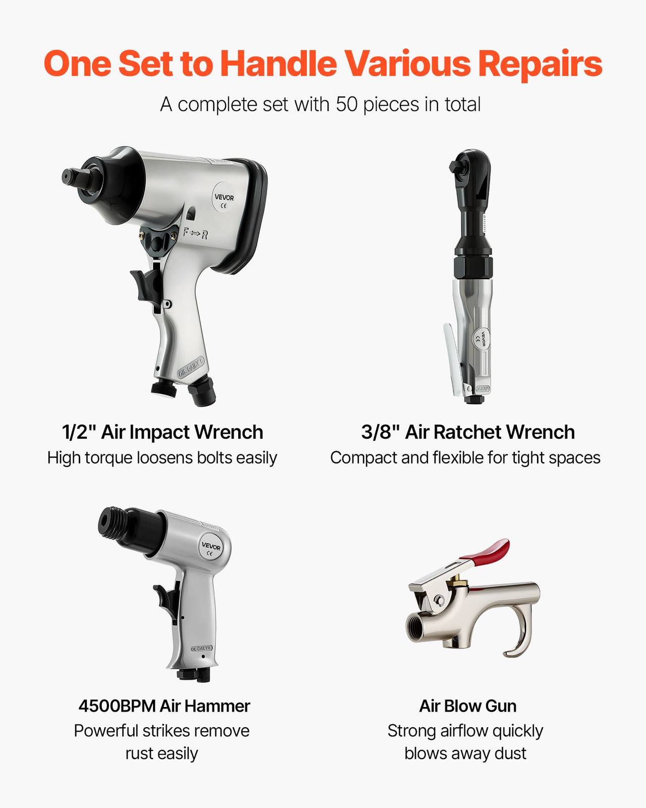 VEVOR 50pcs Pro Air Tool and Accessories Kit Air Impact & Ratchet Wrench Hammer - Image 2