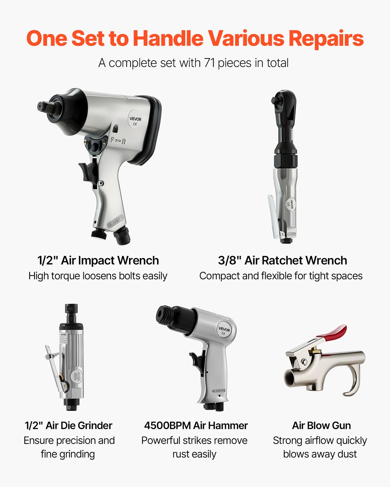 VEVOR 71PCS Pro Air Tool and Accessories Kit Impact & Ratchet Wrench Die Grinder - Image 2