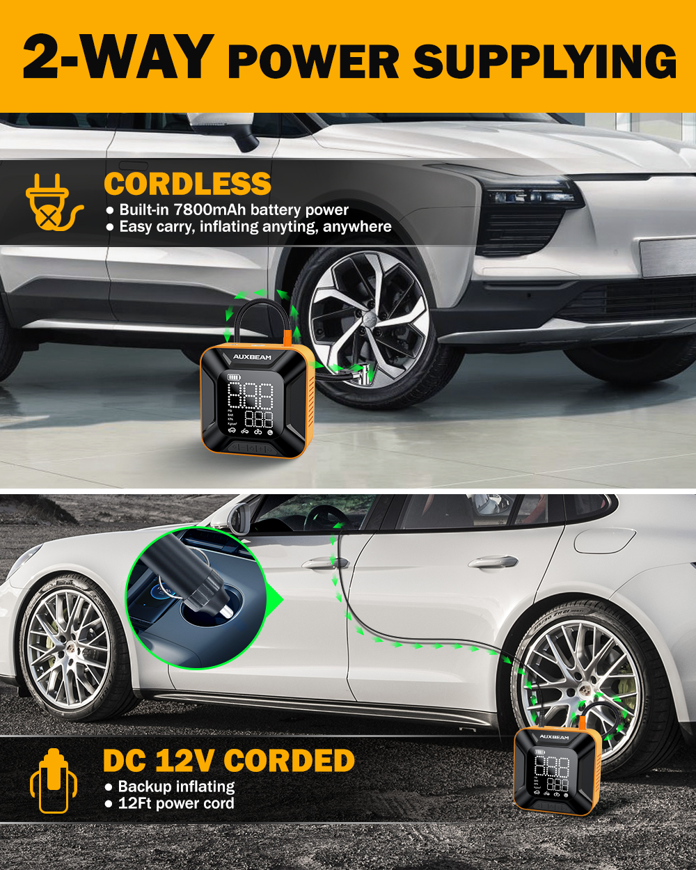 AUXBEAM Cylinder Portable Car Tire Inflator Air Compressor Pump for Pickup Truck - Image 3