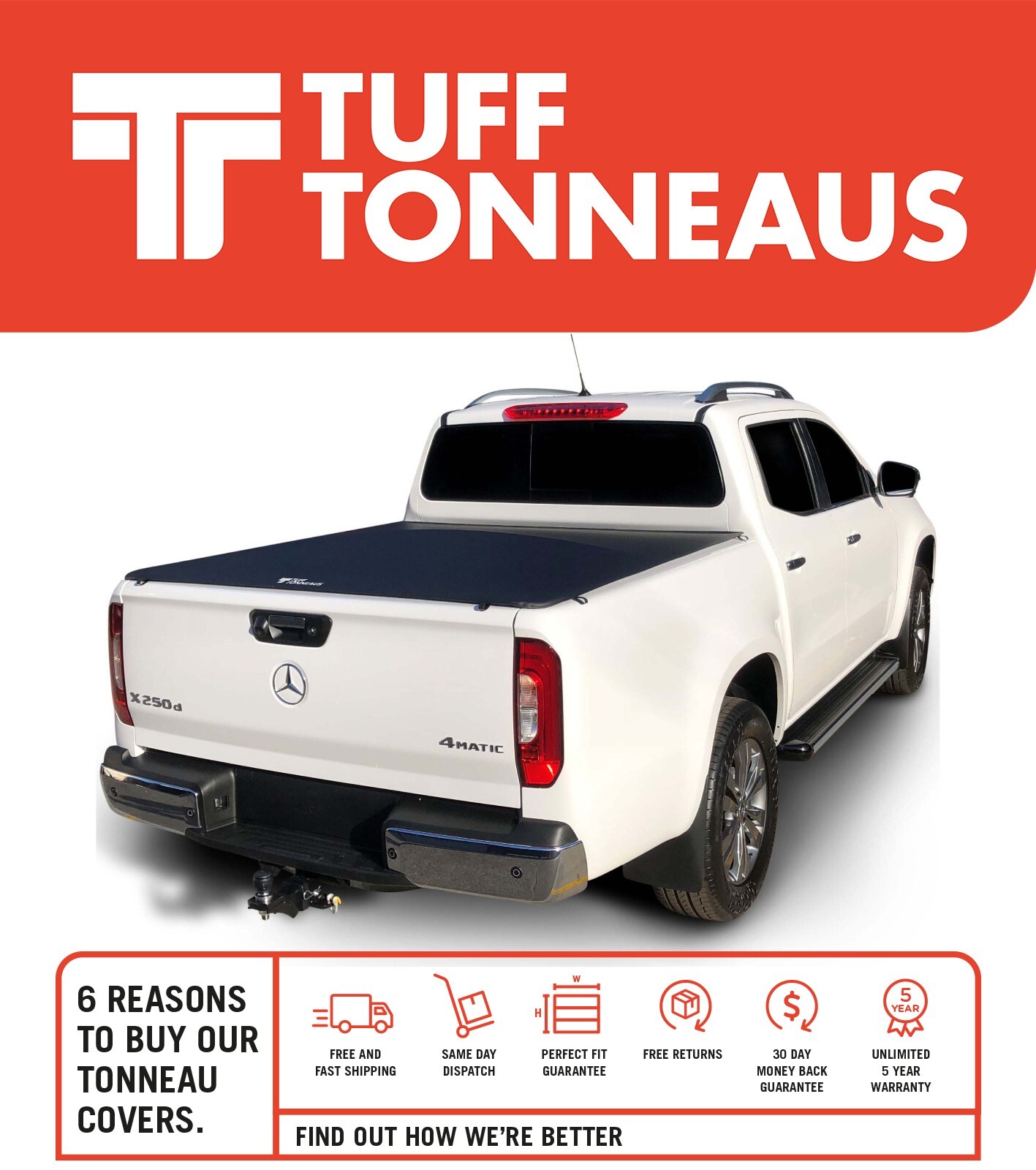 Cubierta con clip Tuff 'sin taladro' 2,0 toneladas para Mercedes Clase X doble cabina 18 curvas-