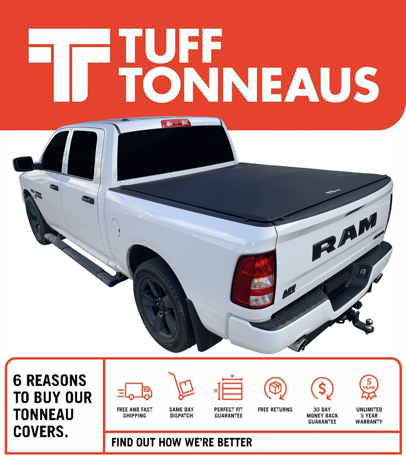 Cubierta con clip Tuff 'Sin taladro' 2,0 Tonneau para Ram 1500 Express/Laramie doble cabina-