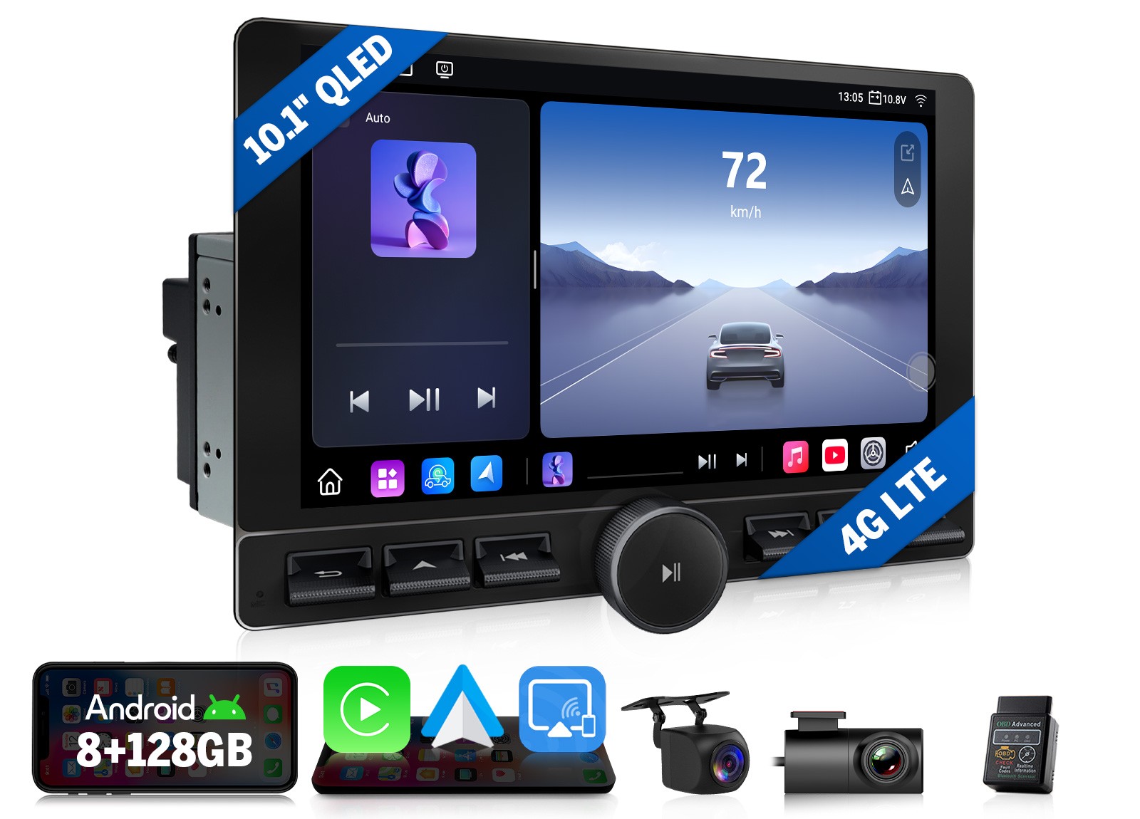 Radio estéreo para automóvil 10.1" 8+128G 2DIN CarPlay Android Auto GPS Navegación QLED Bluetooth-