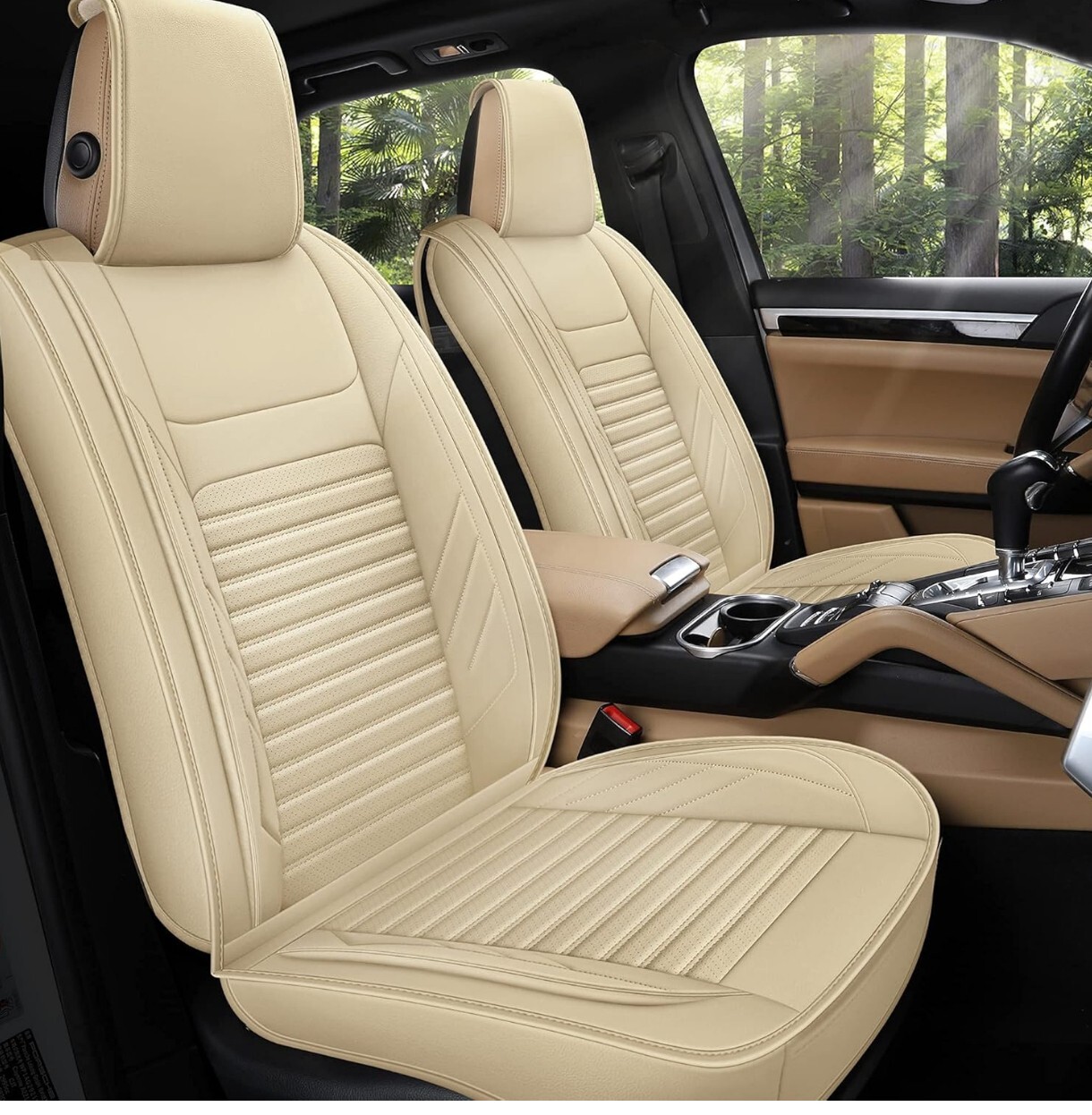 Fundas de asiento de auto universales de cuero solo delanteras AOOG, cuero sintético automotriz beige-