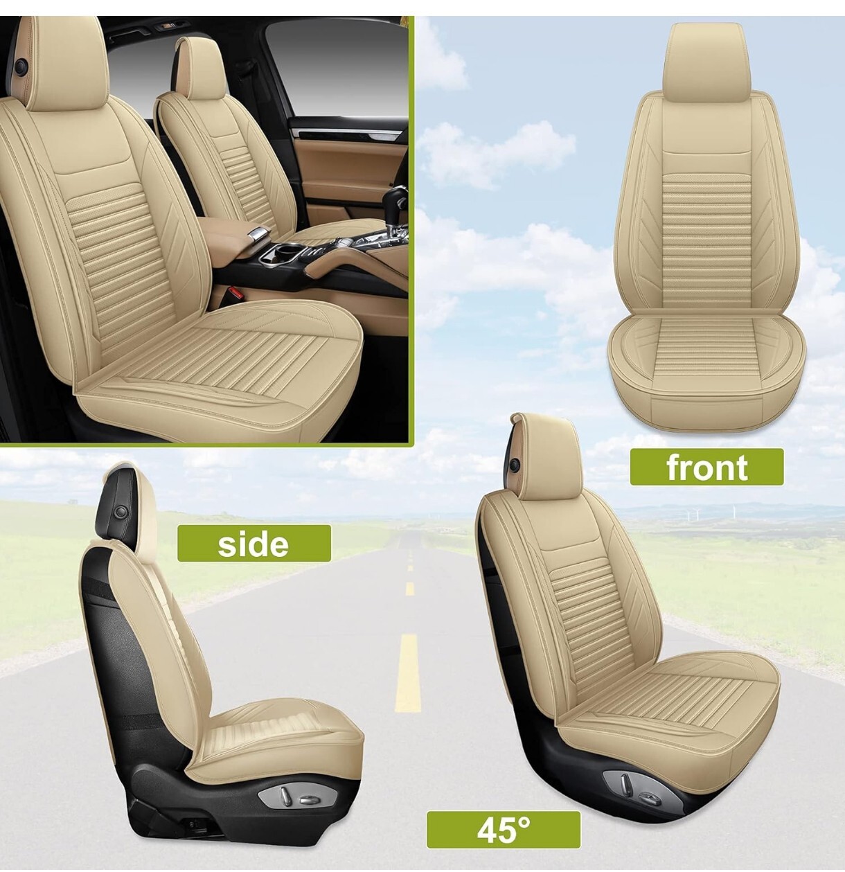 Fundas de asiento de auto universales de cuero solo delanteras AOOG, cuero sintético automotriz beige- - Image 2