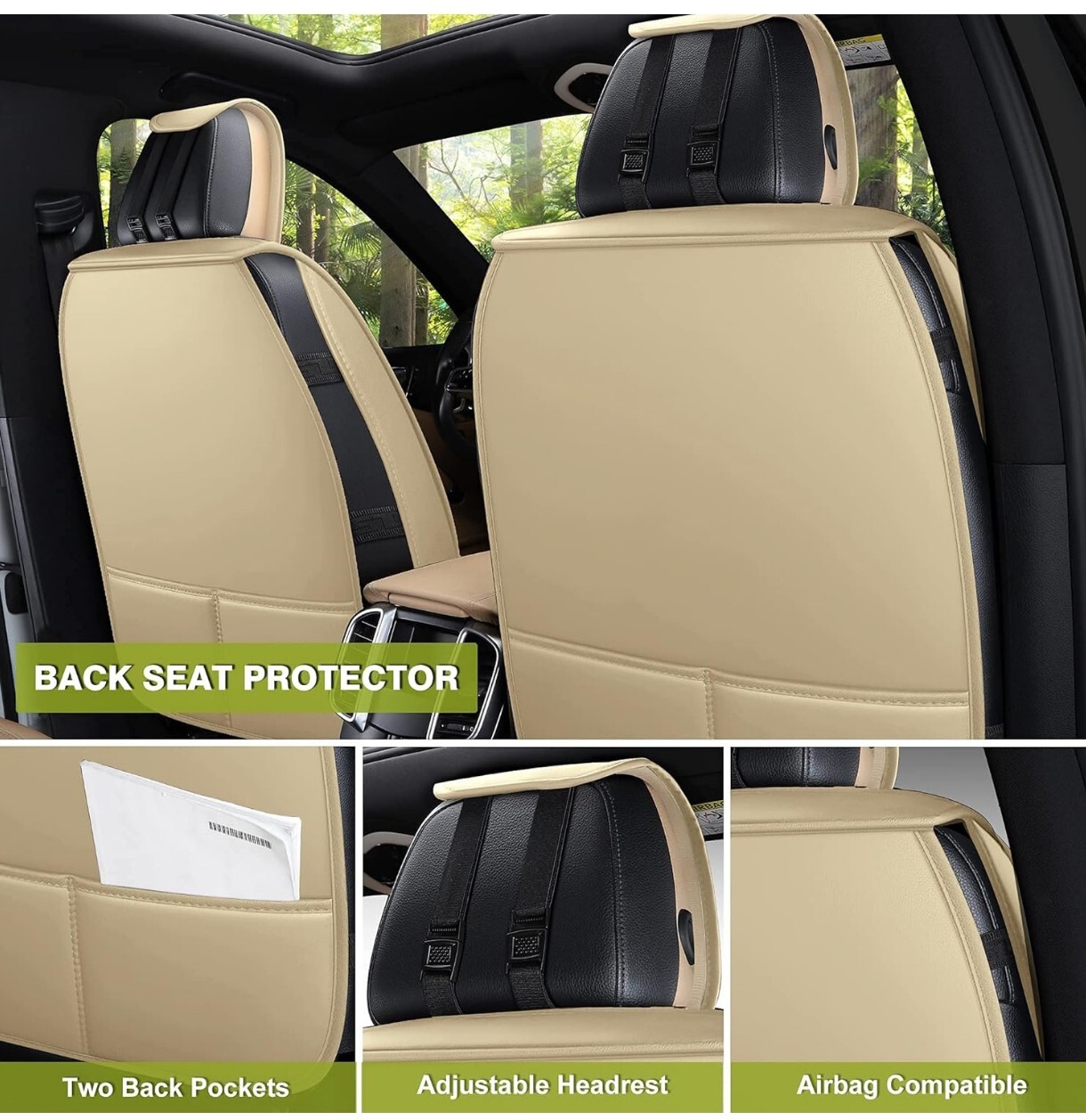 Fundas de asiento de auto universales de cuero solo delanteras AOOG, cuero sintético automotriz beige- - Image 3