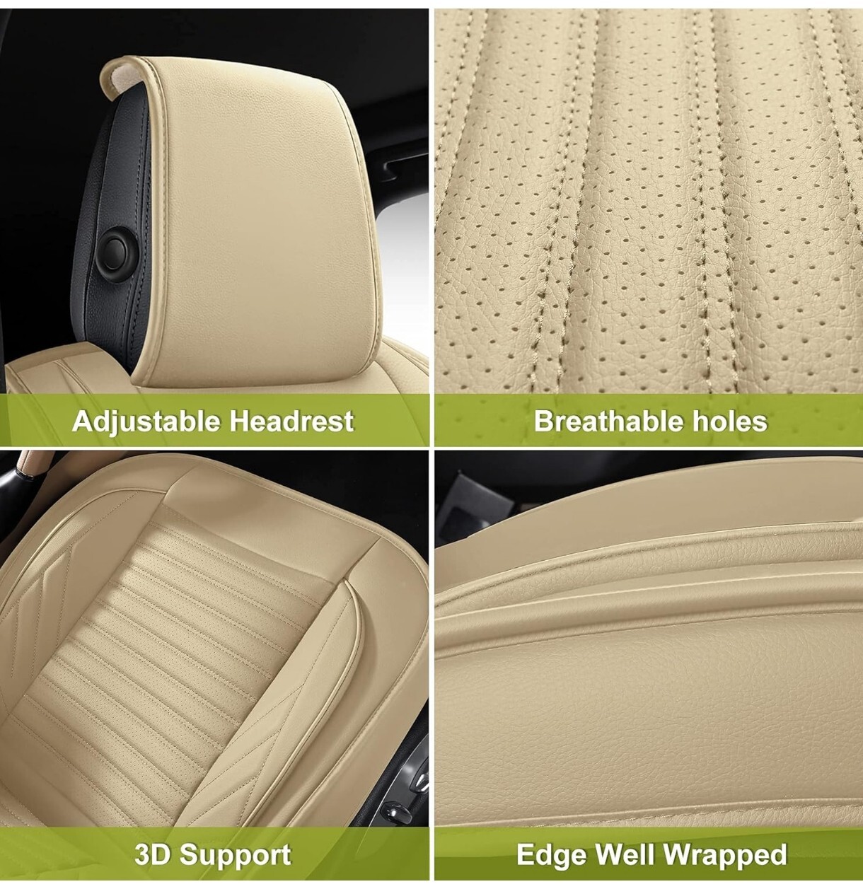 Fundas de asiento de auto universales de cuero solo delanteras AOOG, cuero sintético automotriz beige- - Image 4