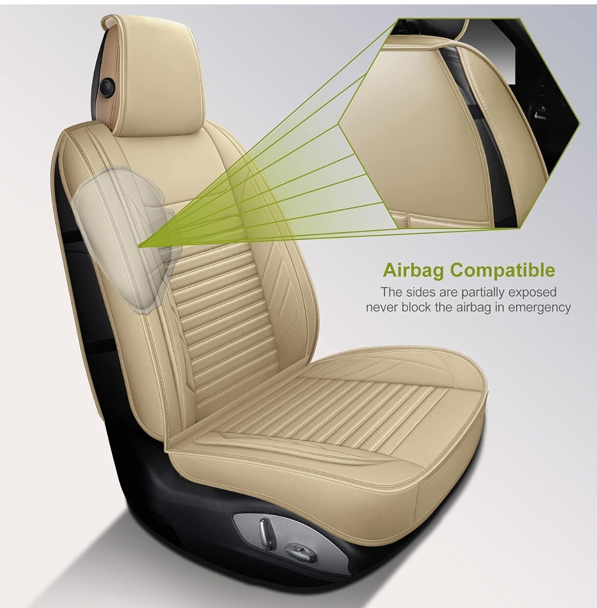 Fundas de asiento de auto universales de cuero solo delanteras AOOG, cuero sintético automotriz beige- - Image 5