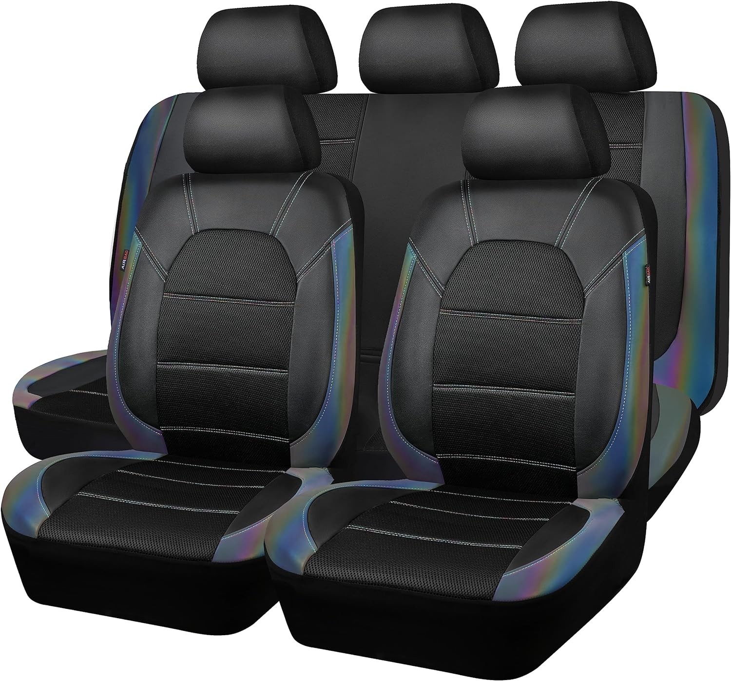 Fundas de asiento de cuero CAR PASS, juego completo automotriz, negro camaleón iridiscente -