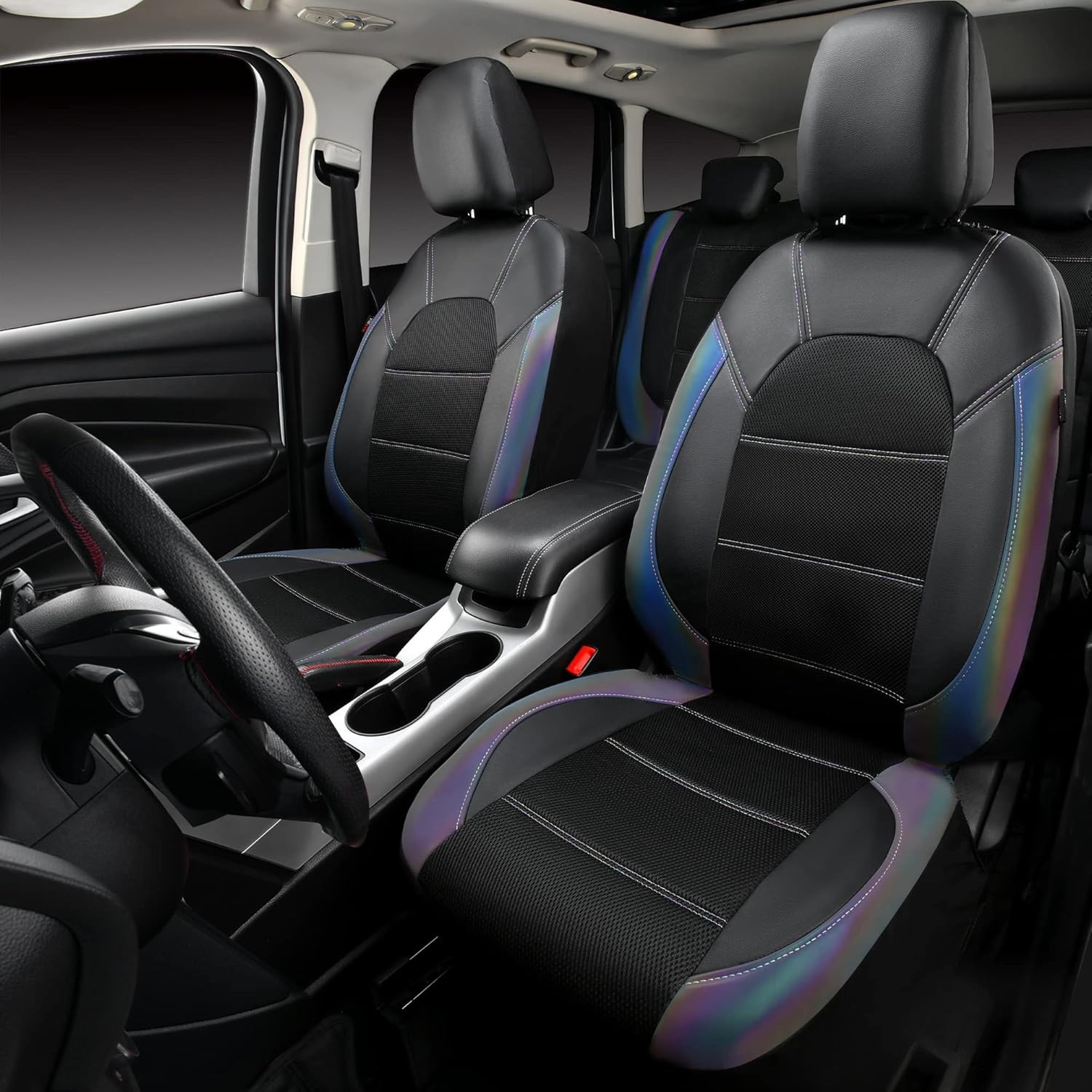 Fundas de asiento de cuero CAR PASS, juego completo automotriz, negro camaleón iridiscente - - Image 2