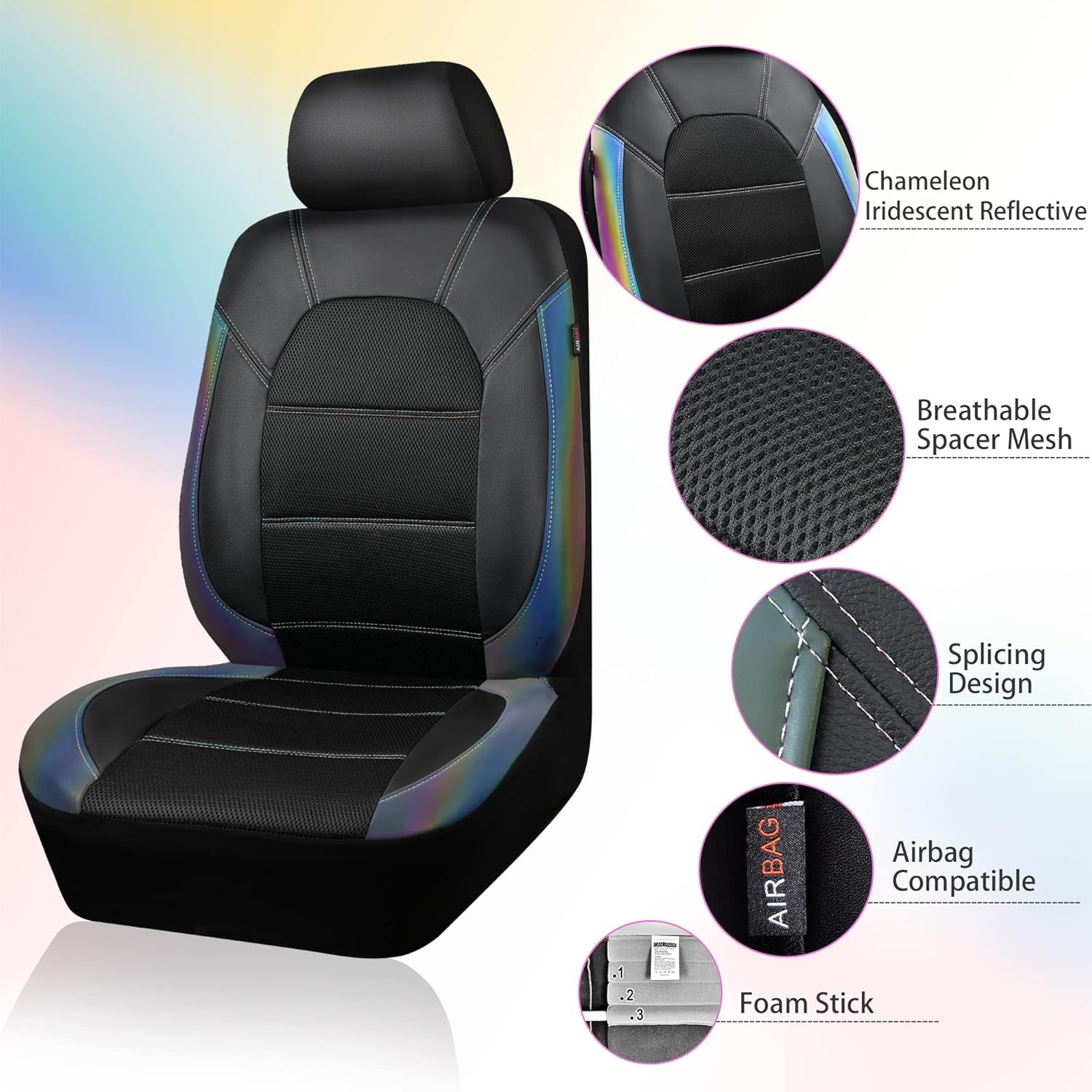 Fundas de asiento de cuero CAR PASS, juego completo automotriz, negro camaleón iridiscente - - Image 5