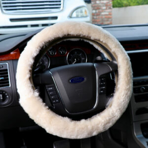 Genuine Sheepskin Automotive Steering Wheel Cover in Beige Pearl w Elastic Fit