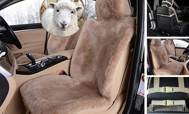Fundas de asiento de piel de oveja genuinas reales para autos SUV camionetas furgoneta RV asientos delanteros camel-