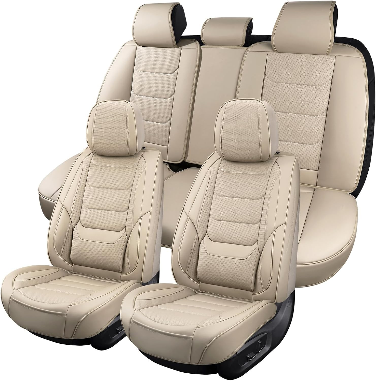 Juego completo de fundas de asiento de coche de cuero transpirables para automóviles, beige3 -