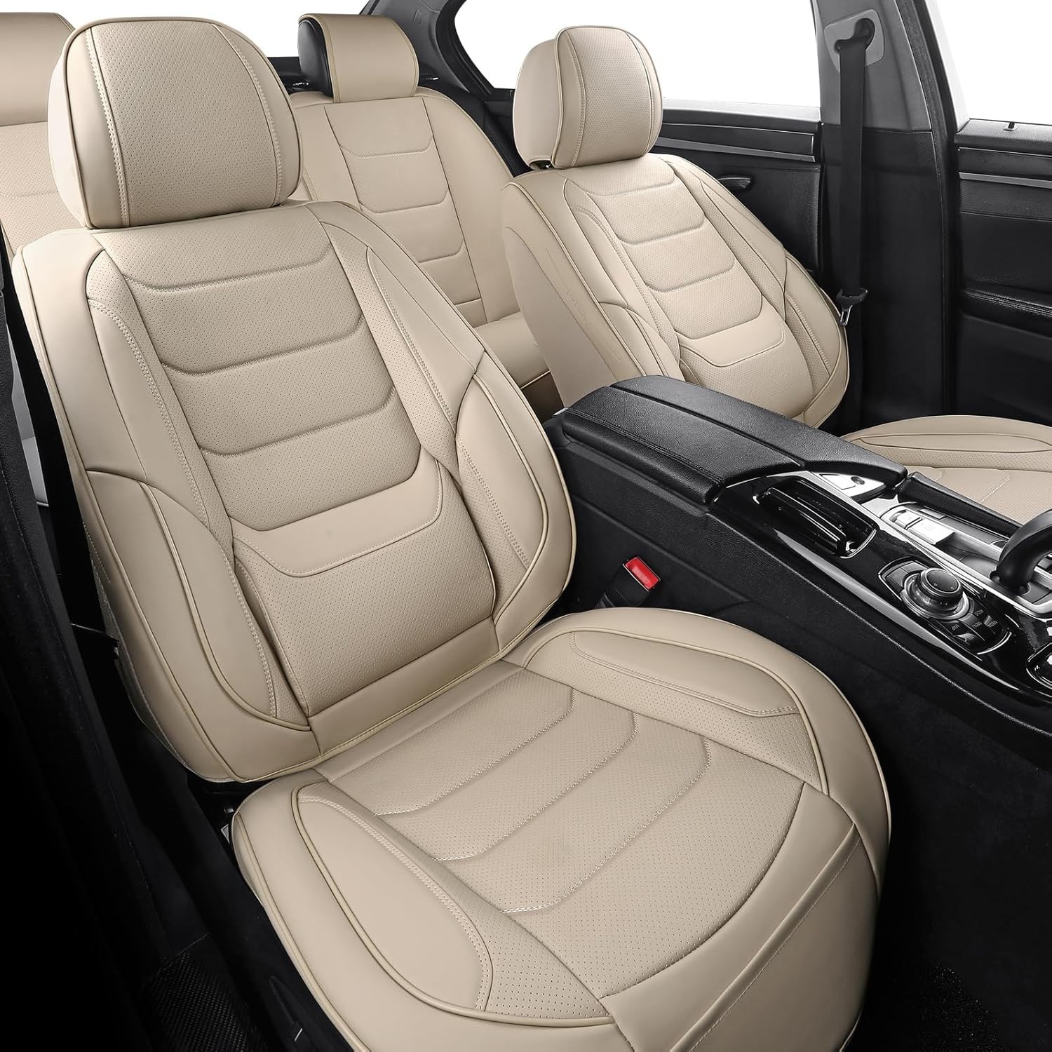 Juego completo de fundas de asiento de coche de cuero transpirables para automóviles, beige3 - - Image 2