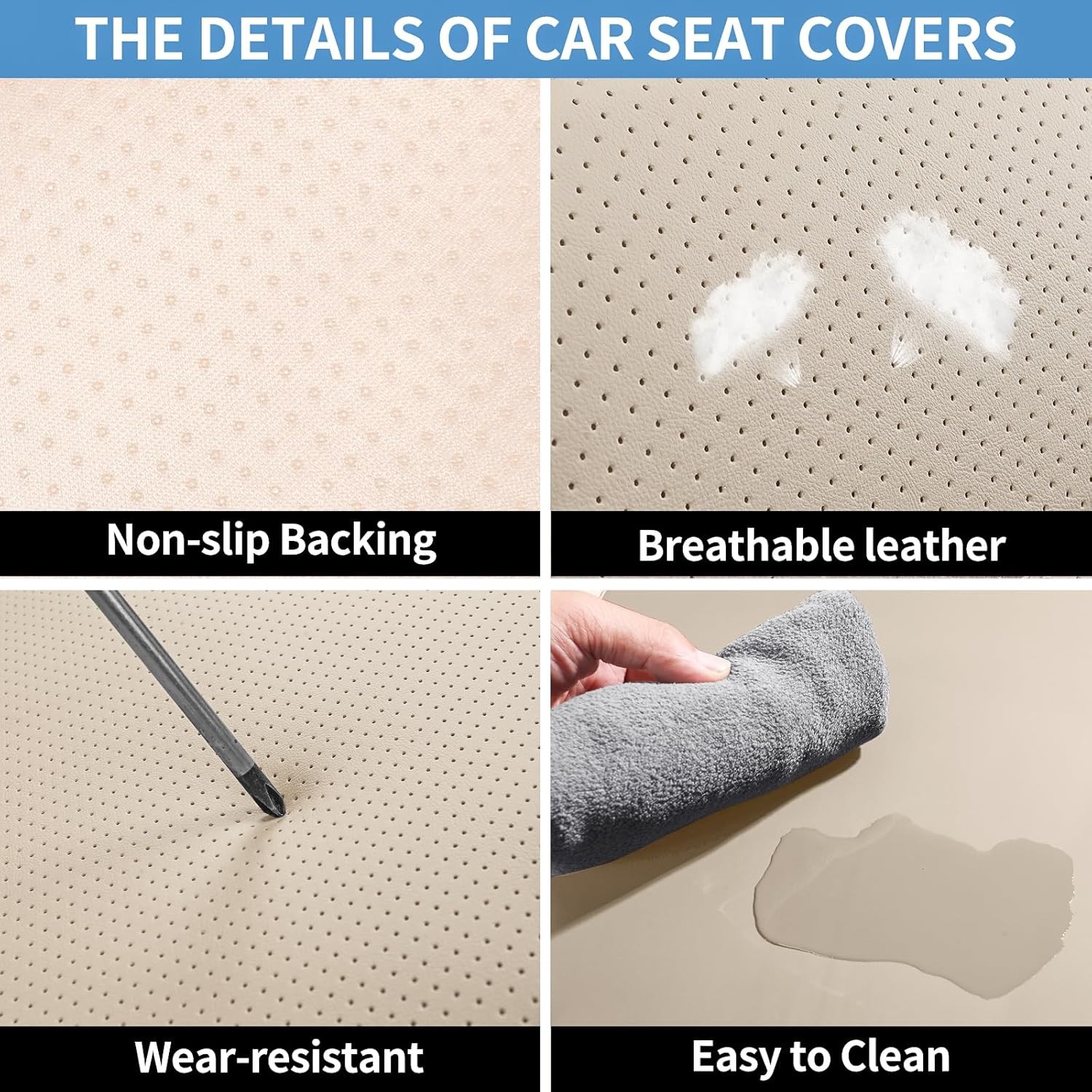 Juego completo de fundas de asiento de coche de cuero transpirables para automóviles, beige3 - - Image 3