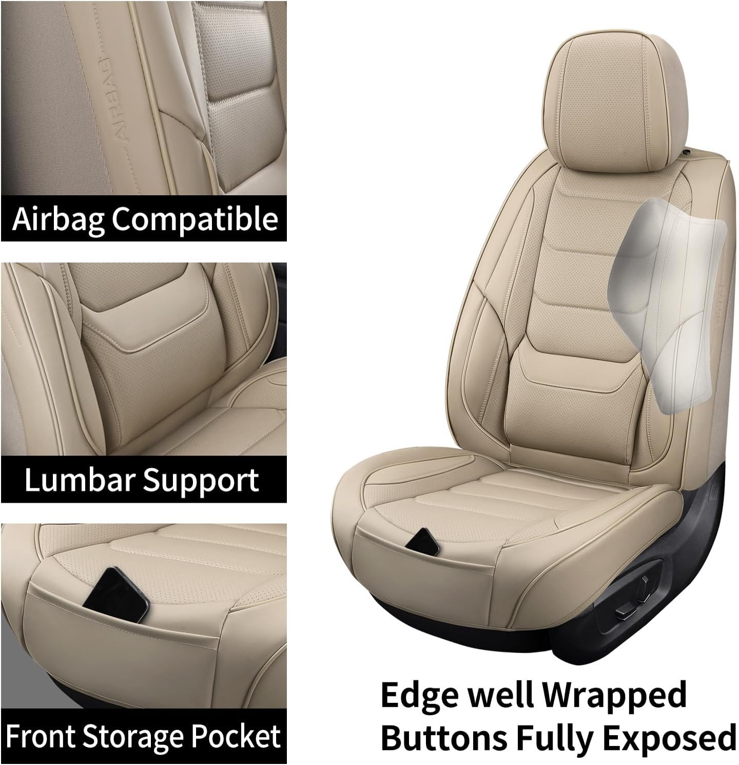 Juego completo de fundas de asiento de coche de cuero transpirables para automóviles, beige3 - - Image 4