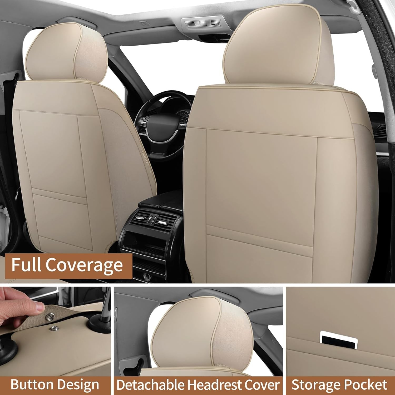 Juego completo de fundas de asiento de coche de cuero transpirables para automóviles, beige3 - - Image 5