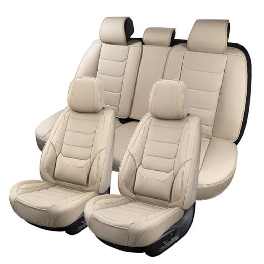 Juego completo de fundas de asiento de coche de cuero transpirables para asientos automotrices beige3-